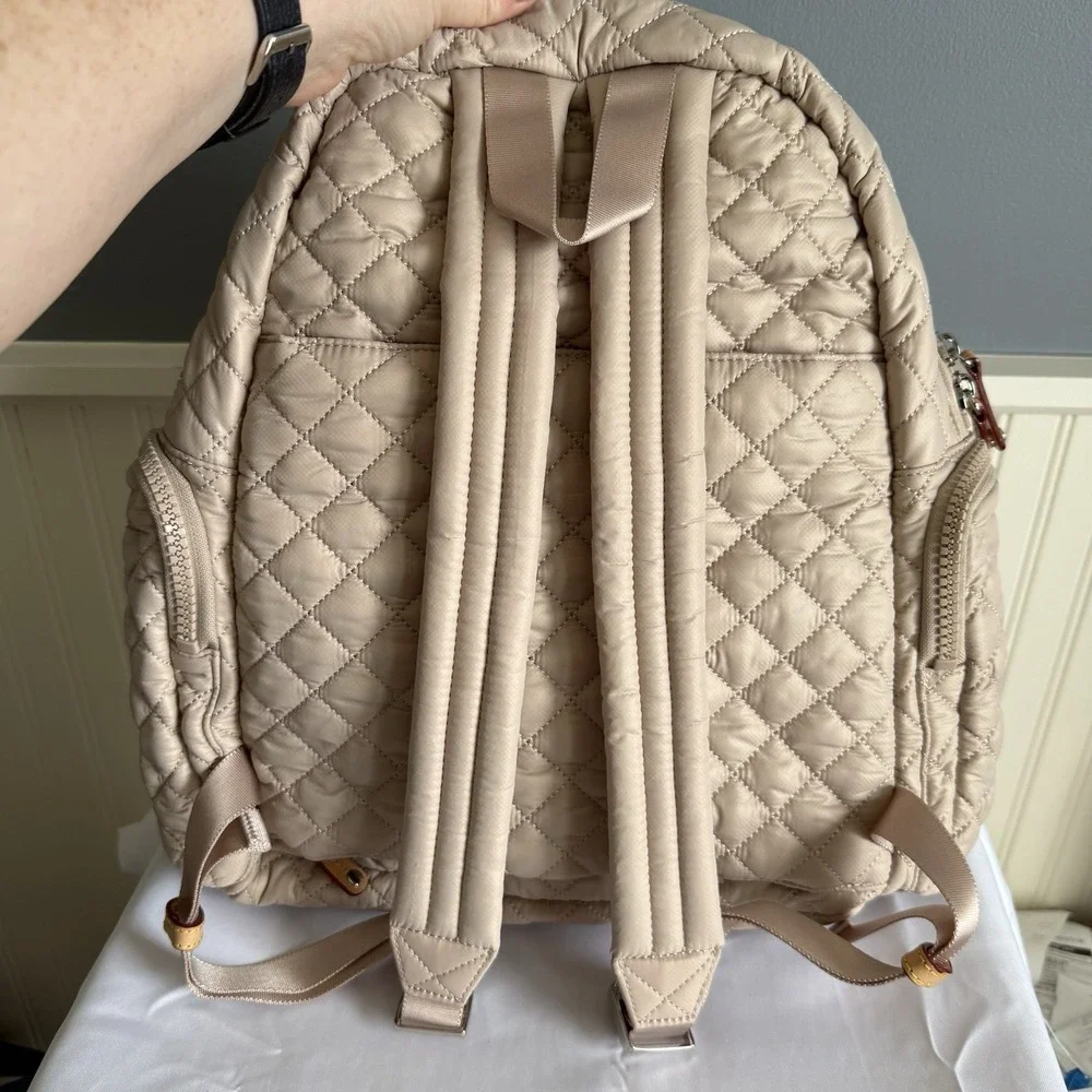 MZ Wallace Pocket Metro Quilted Nylon Backpack Diaper Laptop Work Bag Beige Tan - Picture 2 of 16